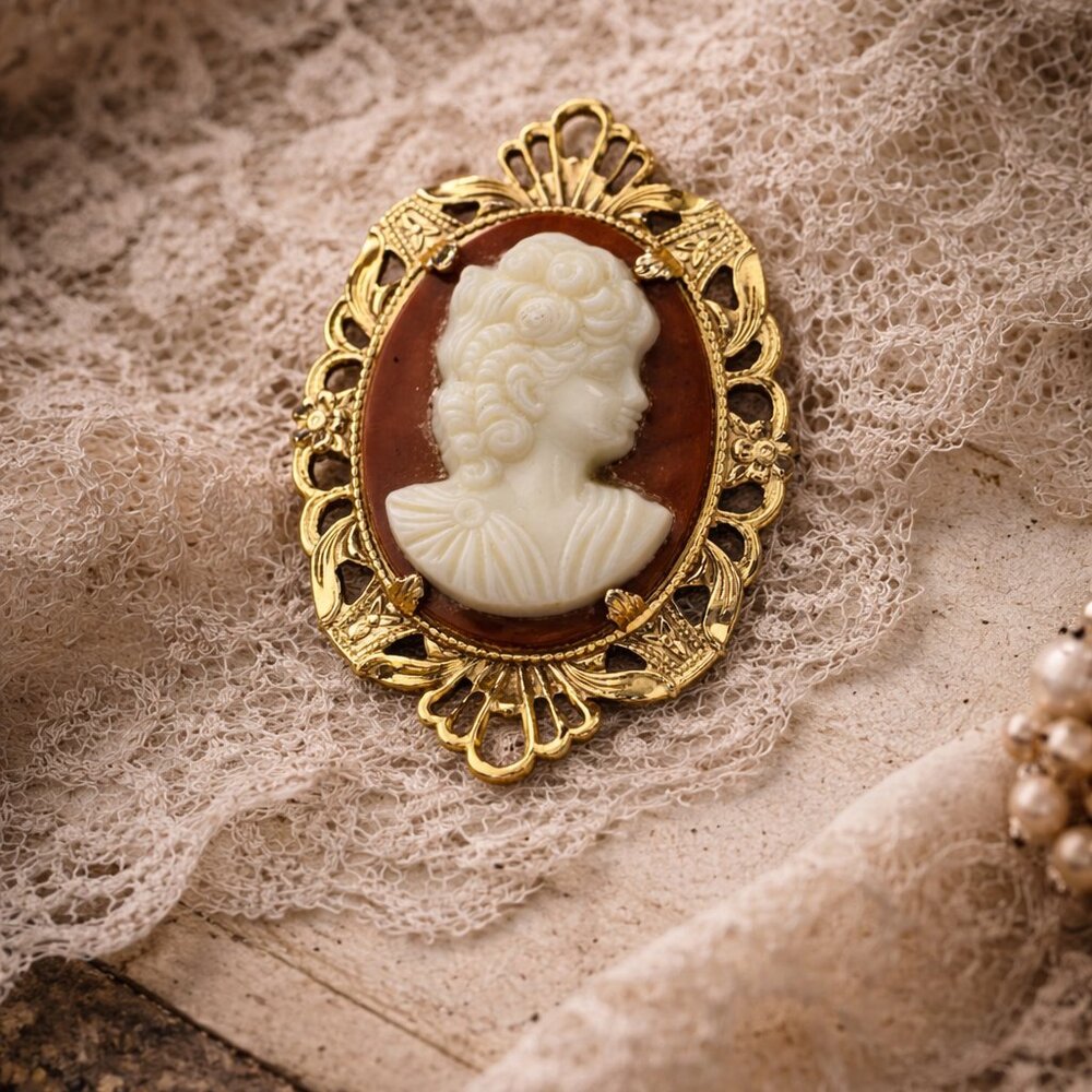 Vintage Victorian Style Filigree Cameo Maroon Background Gold Tone Pendant